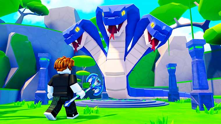 A player with a glowing ice axe walking toward a three-headed blue cobra in a jungle arena